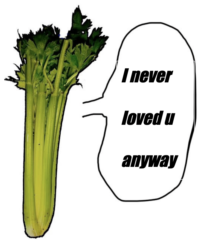 A photo of celery standing up with the speech bubble, "I never loved u anyway"